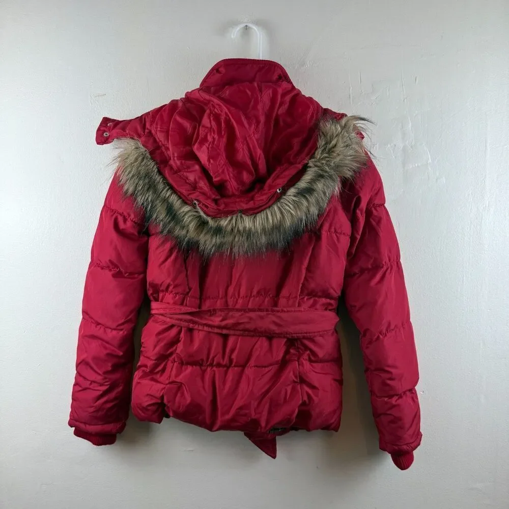 Y2K Vintage Aeropostale Jacket Faux Fur Hood Puffer Red Preppy Womens Small